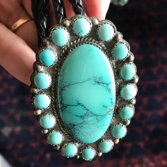 Walter White Bear Jewelry - Vintage Walter White Bear hallmark turquoise bolo with turquoise tail ends